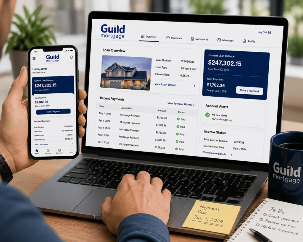 Guild Mortgage login portal and online account management dashboard for payments and loan servicing