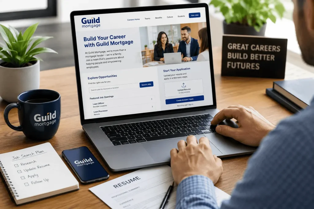 Guild Mortgage careers featured image with online job application form, resume upload section, and mortgage career opportunities dashboard