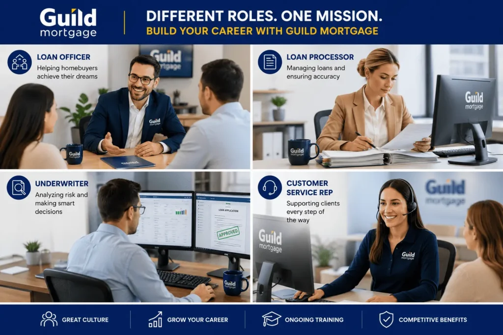 Guild Mortgage careers opportunities featuring mortgage professionals in sales, processing, underwriting, and customer support roles