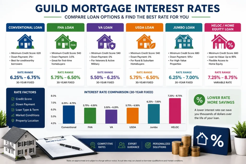 Guild Mortgage interest rates comparison for FHA, VA, USDA, conventional, jumbo, and home equity loan programs.