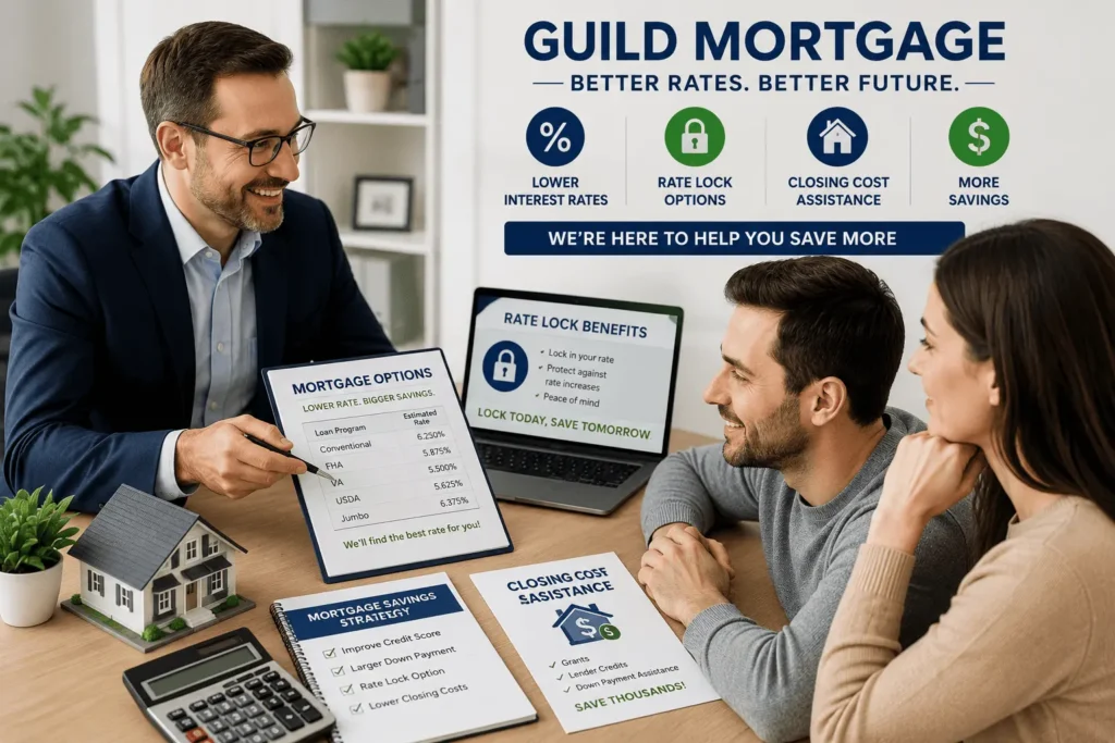 Mortgage advisor explaining Guild Mortgage interest rates, rate lock benefits, and ways to reduce home loan costs.