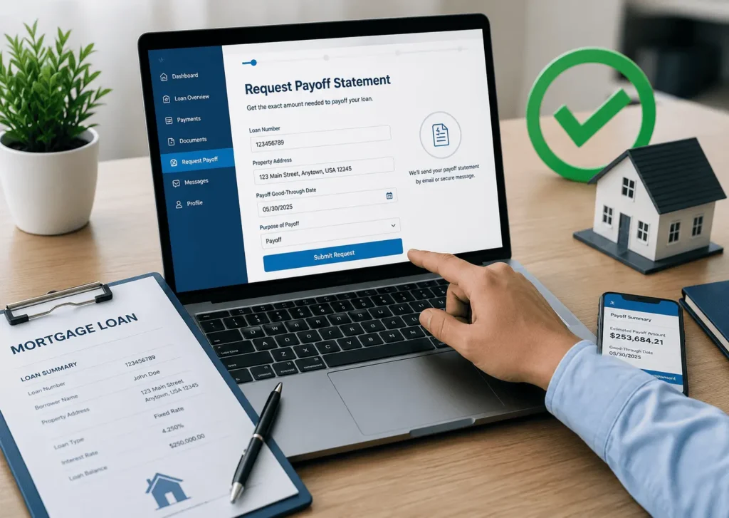 Guild Mortgage payoff request submitted through the online portal showing a homeowner completing the payoff statement request on a laptop.