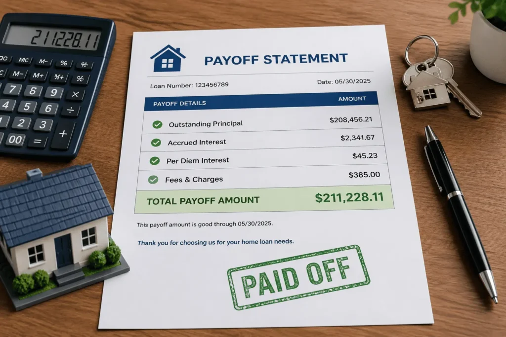 Guild Mortgage payoff request payoff statement showing outstanding principal, accrued interest, per diem interest, fees, and total payoff amount.