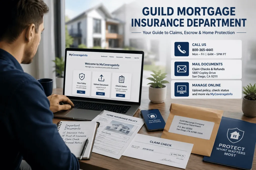 Guild Mortgage Insurance Department contact guide showing insurance portal, claim check, home insurance documents, and homeowner
