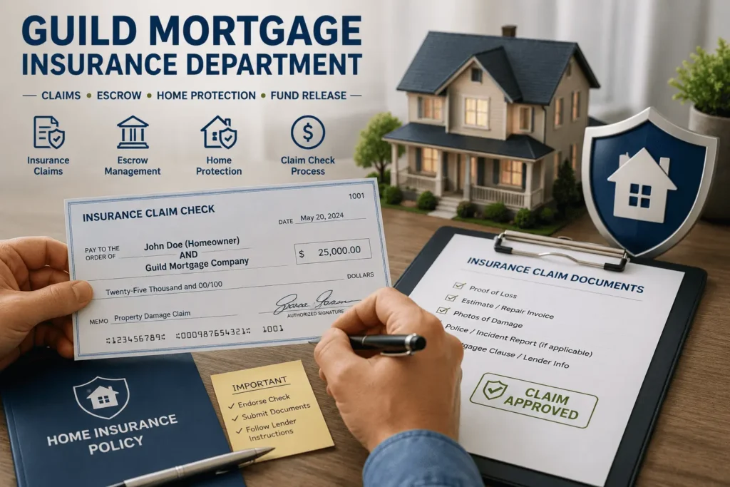 Guild Mortgage Insurance Department claim check process with homeowner signing insurance check and claim documents