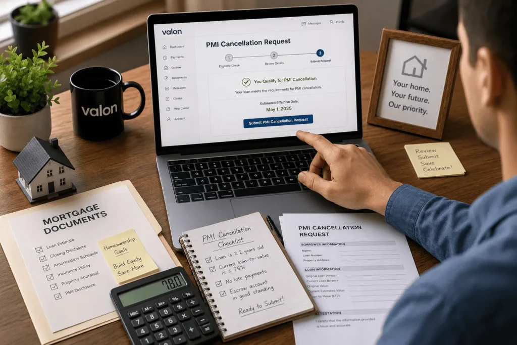 Valon Mortgage Insurance Department PMI cancellation process for homeowners using the online self serve tool