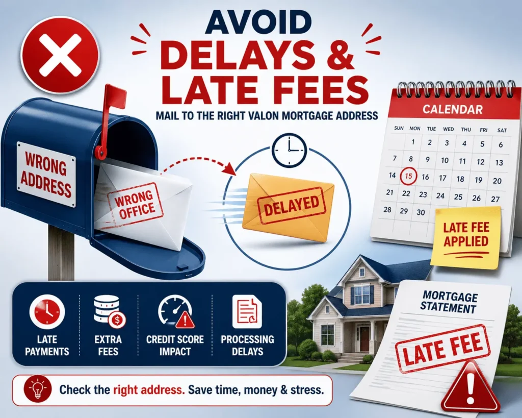 Valon Mortgage address infographic showing how to avoid mailing delays and late fees