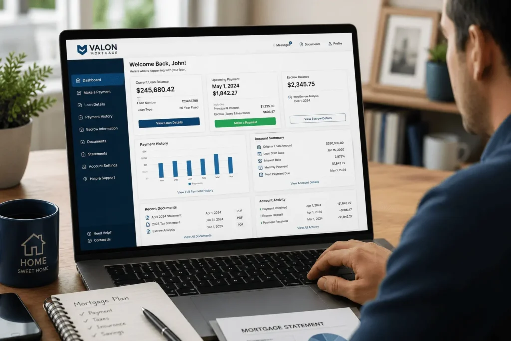Valon mortgage login dashboard showing loan balance payment history and account management tools