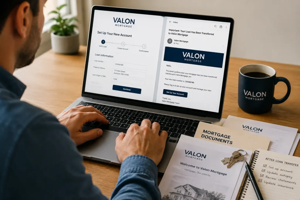 Valon Mortgage phone number and loan transfer account setup shown on homeowner online mortgage portal