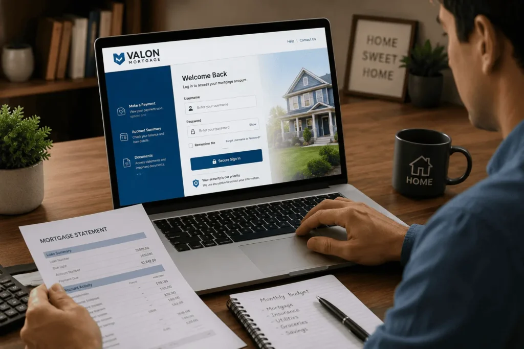 Homeowner accessing Valon mortgage account through secure online login page