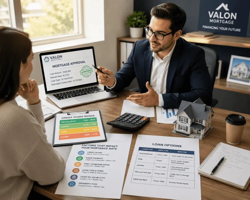 Mortgage advisor explaining Valon mortgage rates, credit score requirements, loan approval factors, and home financing options to a borrower.