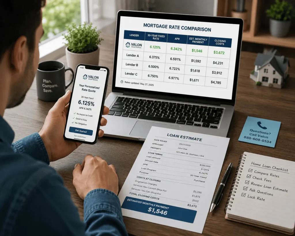 Borrower comparing Valon mortgage rates on a smartphone while reviewing loan estimate documents and mortgage rate comparison charts.