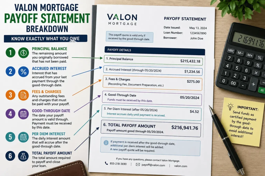 Detailed Valon mortgage payoff statement with payoff amount, interest charges, fees, and payment deadline.