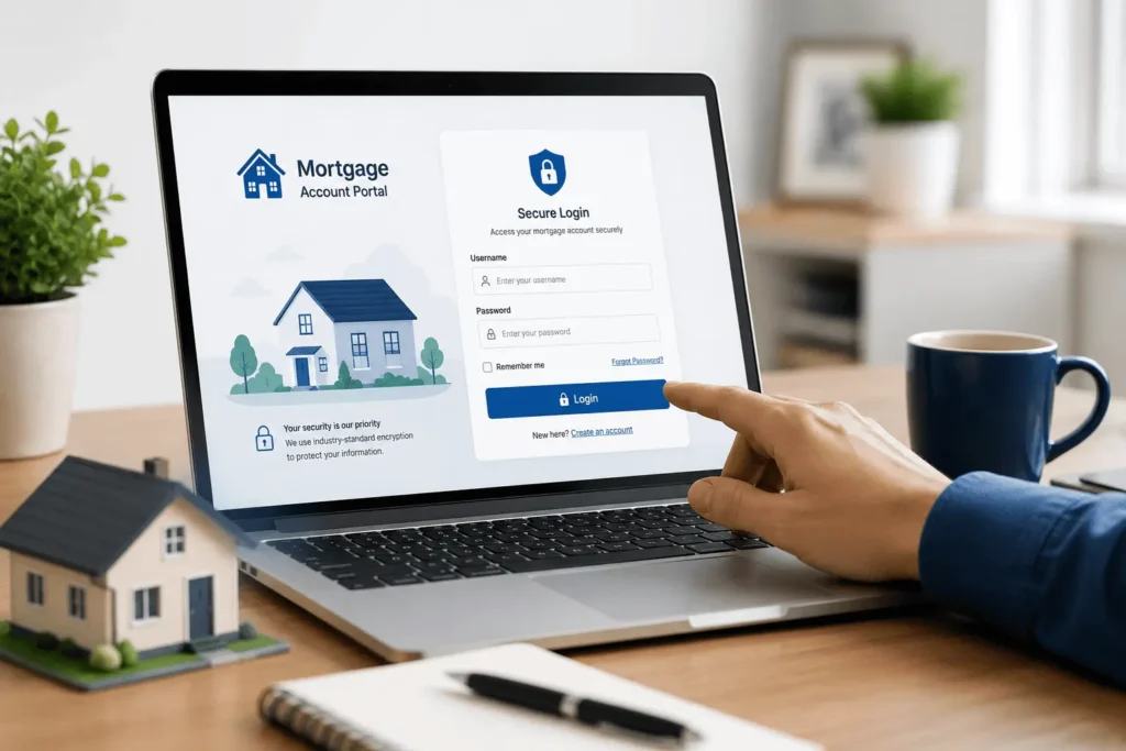 Carrington Mortgage Login page on a laptop with a secure sign-in screen, home model, and modern office workspace.