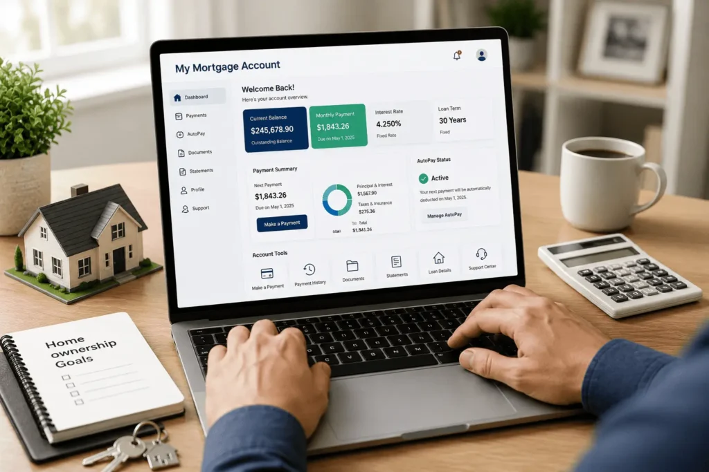 Carrington Mortgage Login dashboard showing payment summary, AutoPay, account details, and secure mortgage access.