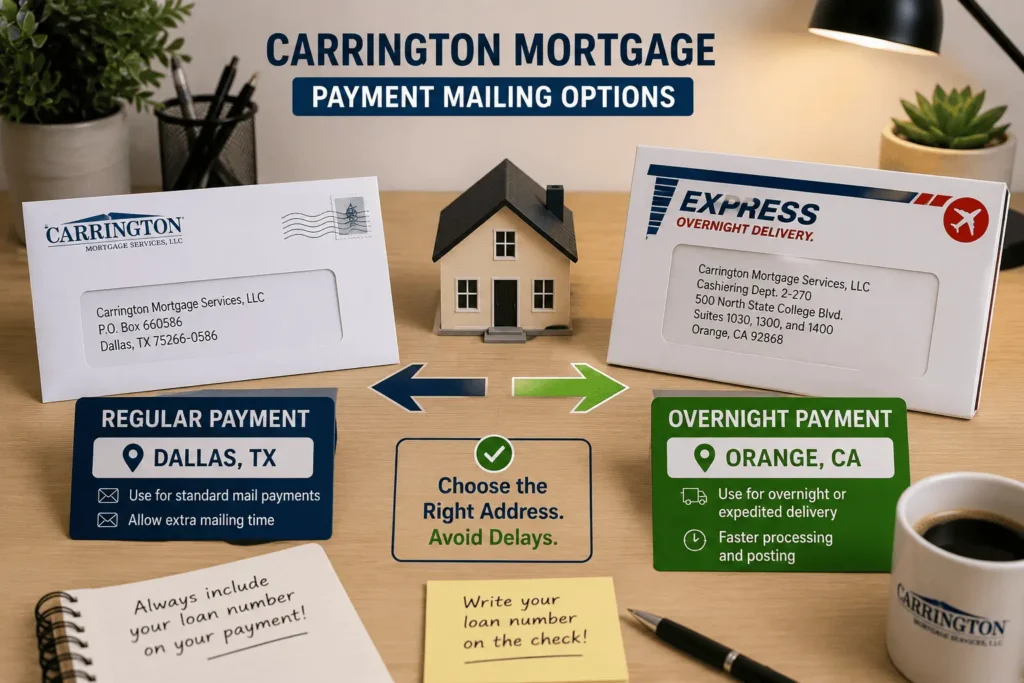 Carrington Mortgage Address comparison for regular Dallas payments and overnight Orange mailing to avoid delays