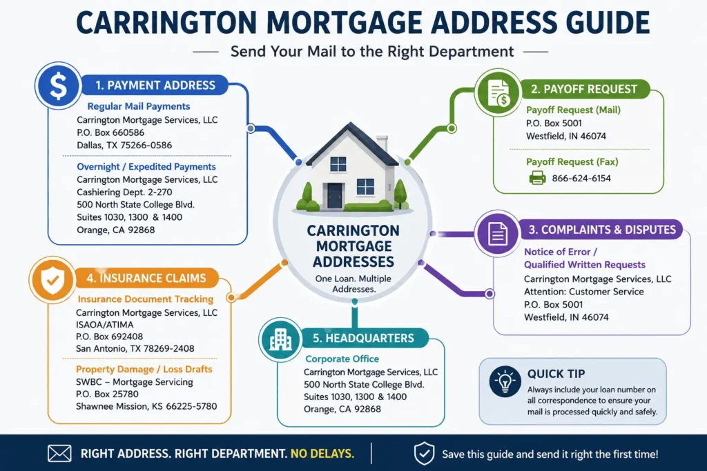 Carrington Mortgage Address infographic showing payment, payoff, complaint, insurance, and headquarters routes