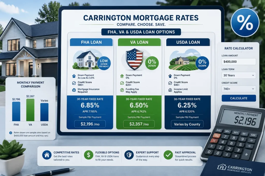 Carrington Mortgage Rates comparison showing FHA, VA and USDA loan choices, monthly payments and key benefits