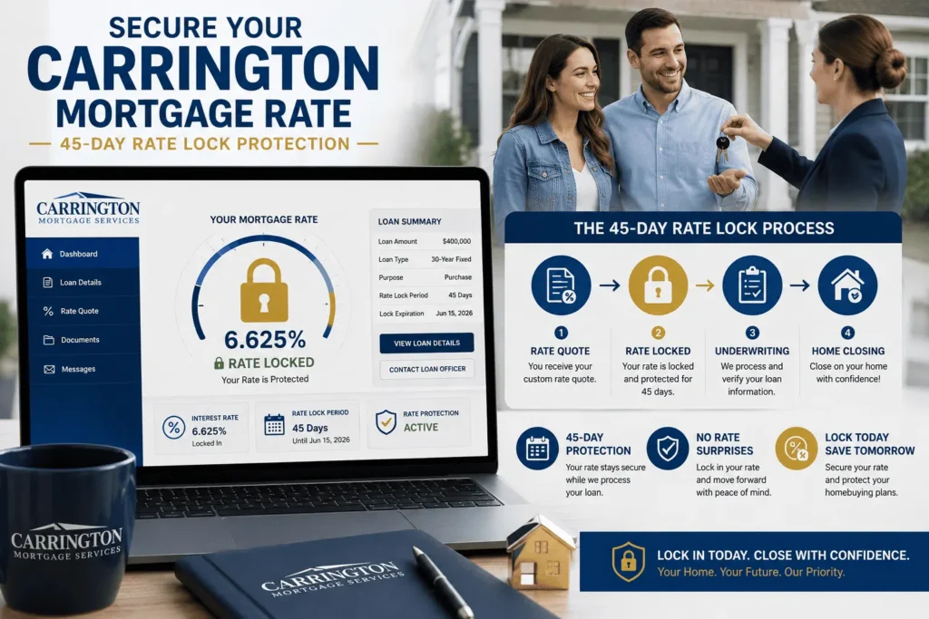 Carrington Mortgage Rates dashboard showing a secure 45-day rate lock process from quote to home closing