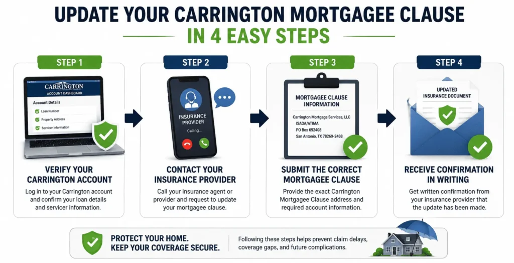 Carrington Mortgagee Clause infographic showing four easy steps to verify, submit, and confirm an insurance update