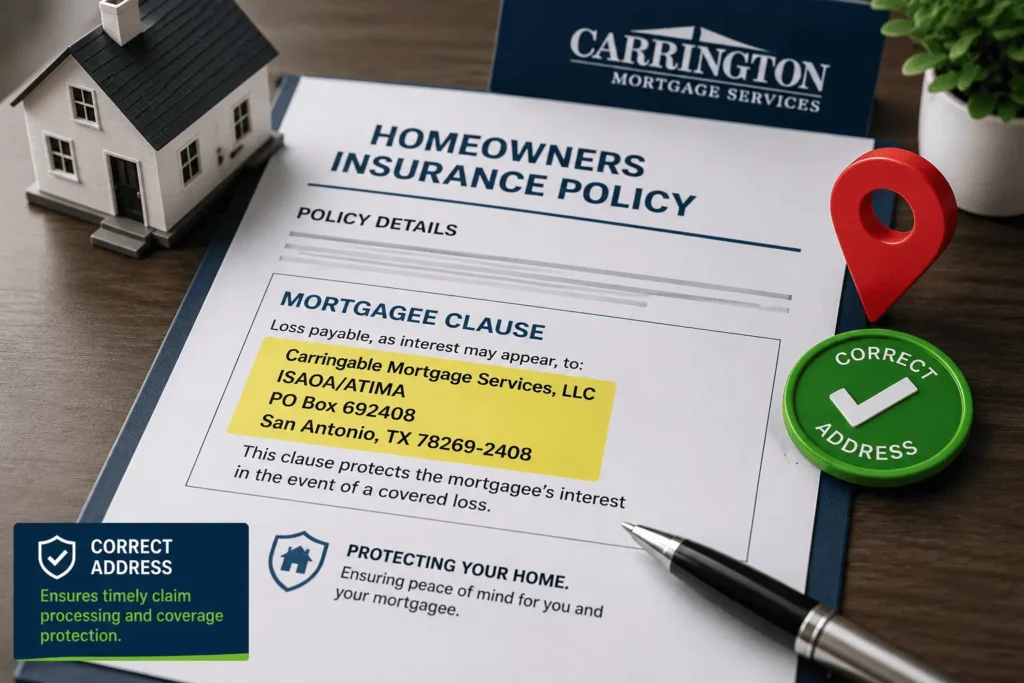 Carrington Mortgagee Clause address highlighted on a homeowners insurance policy with verified coverage details