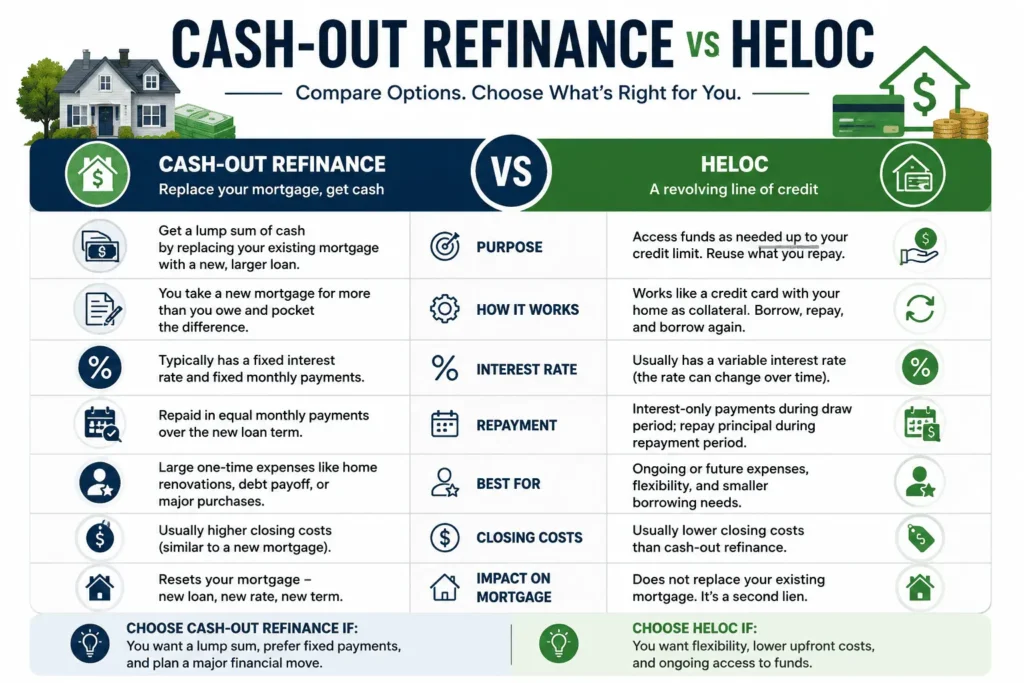 Carrington Home Equity & HELOC comparison chart explaining cash-out refinance and HELOC differences for borrowers.