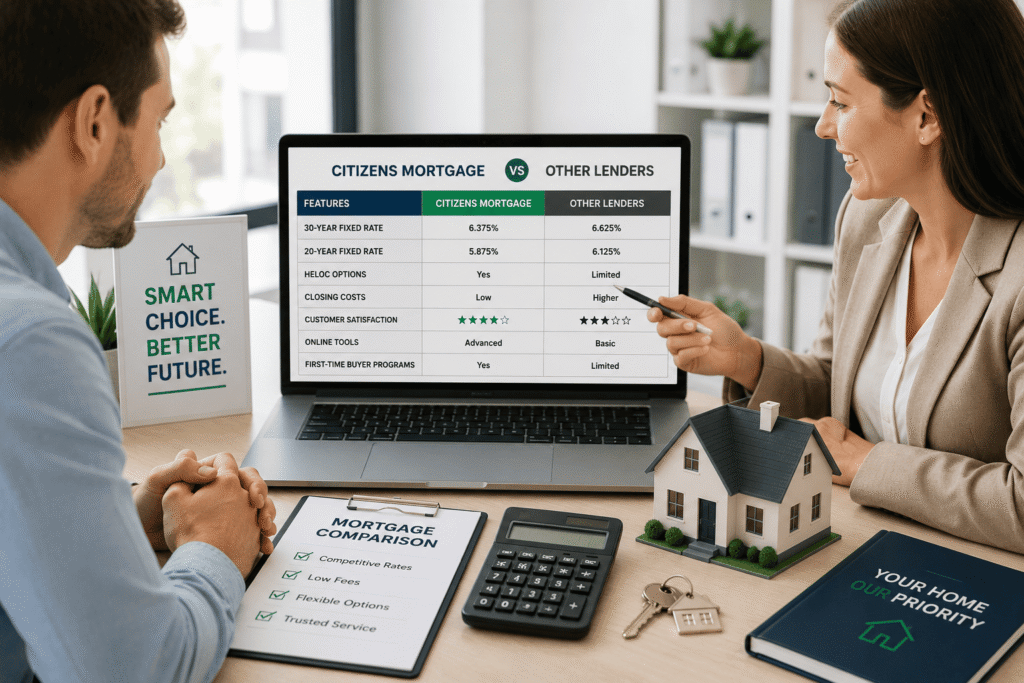 Citizens Mortgage vs other mortgage lenders comparison showing loan rates, HELOC options, fees, and home financing choices.