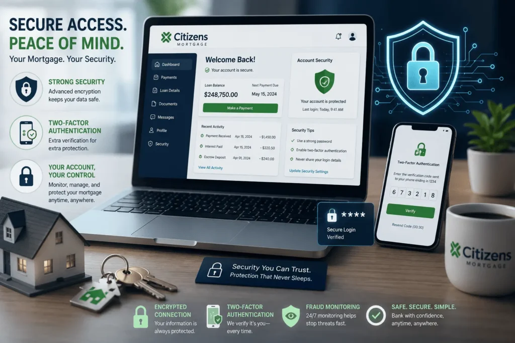 Secure Citizens Mortgage Login with two-factor authentication, safe online banking, and mortgage account protection.