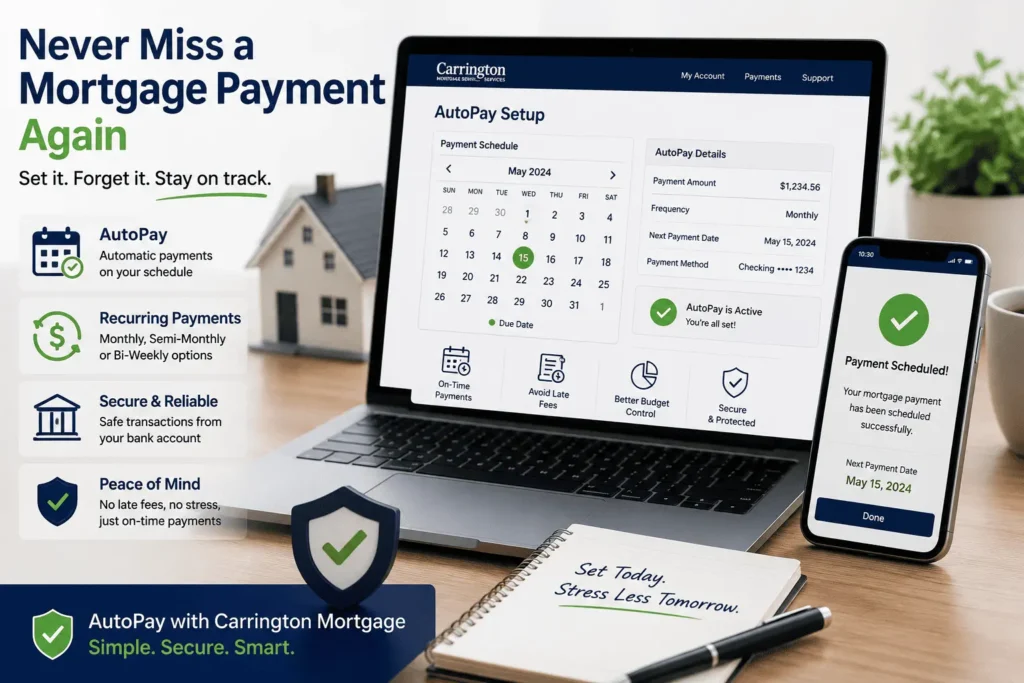 Carrington Mortgage Payment AutoPay setup showing recurring payments, secure scheduling, and on-time mortgage billing