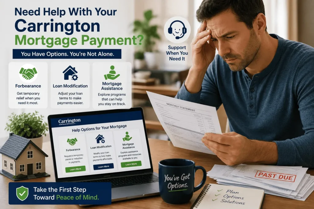 Carrington Mortgage Payment assistance showing forbearance, loan modification, and support for homeowners