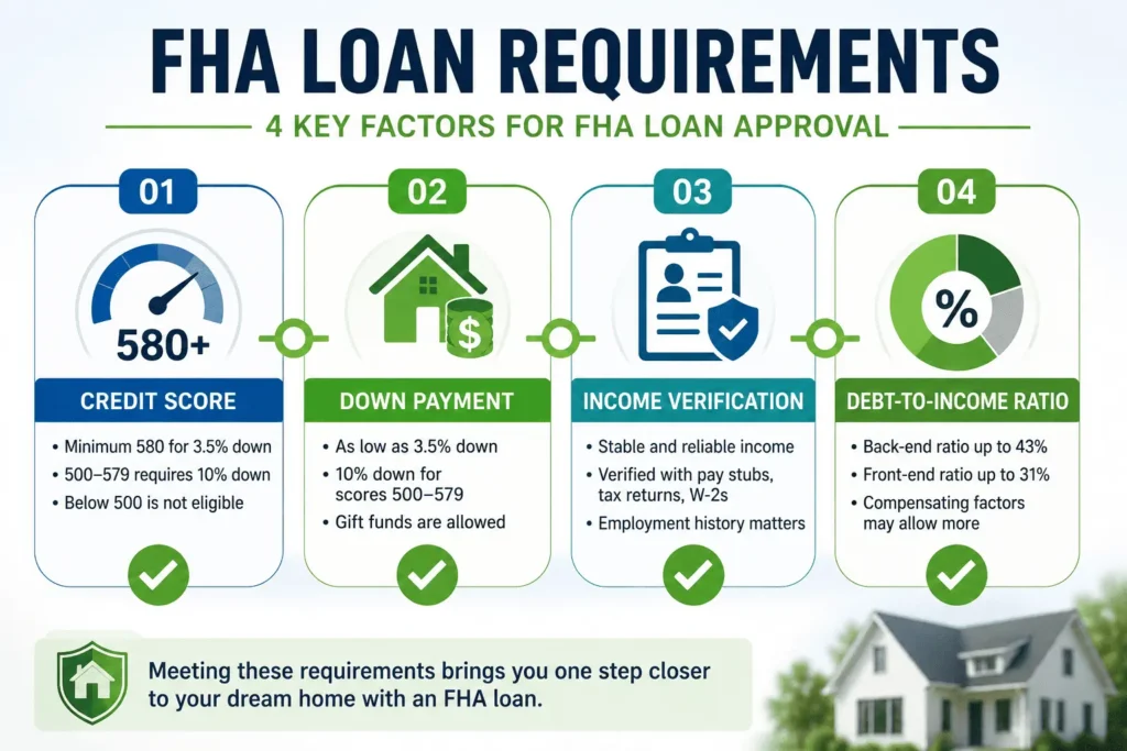 FHA Loan Requirements infographic showing credit score, down payment, income verification, and debt-to-income ratio