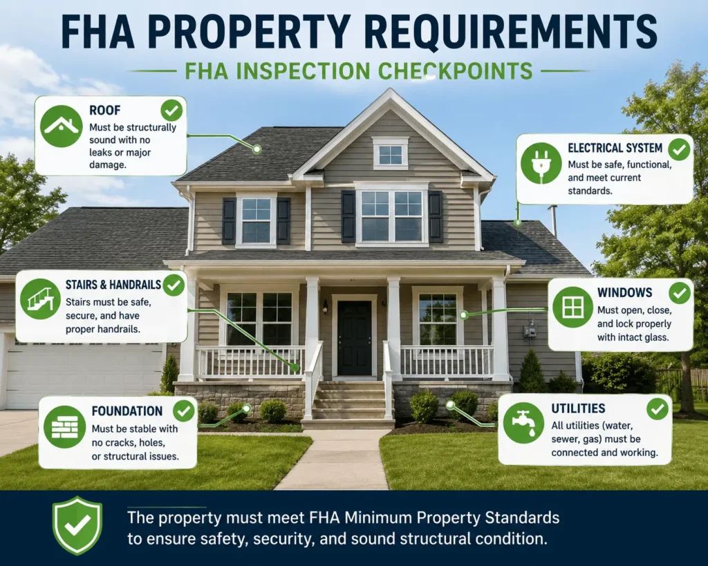 FHA property requirements checklist highlighting roof, foundation, utilities, windows, and safety inspection standards