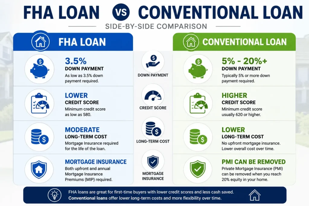 Comparison chart showing FHA loan versus conventional loan differences in down payment, credit score, mortgage insurance, and approval requirements.