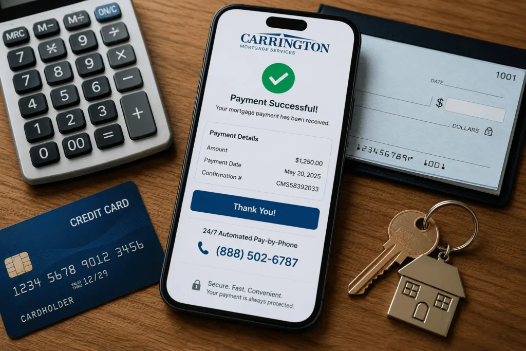 Carrington Mortgage Payment Phone Number displayed on a secure mobile payment screen with mortgage payment tools.