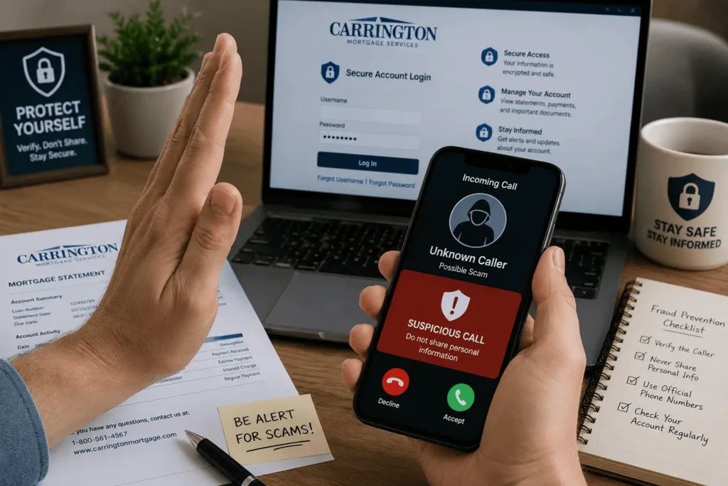 Carrington Mortgage Phone Number scam warning showing a suspicious call, secure login, and fraud protection tips.