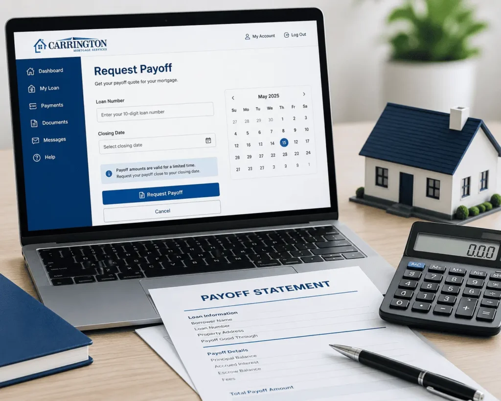 Carrington Mortgage Payoff Request online portal with loan details, closing date, and payoff form dashboard.