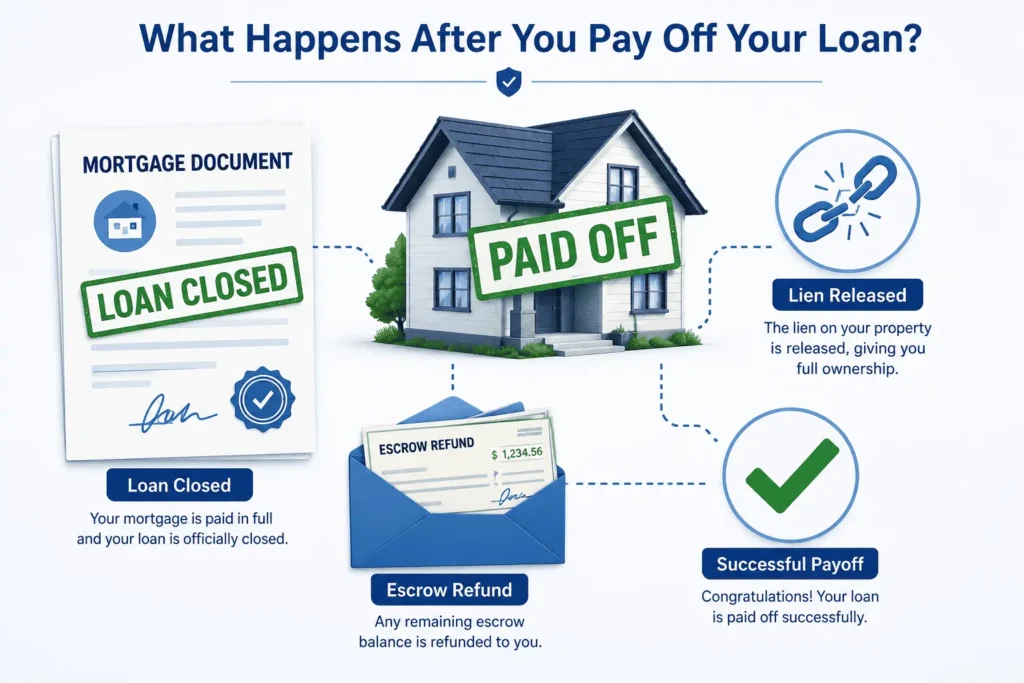 Carrington Mortgage Payoff Request showing loan closure, lien release, escrow refund, and paid off home process.
