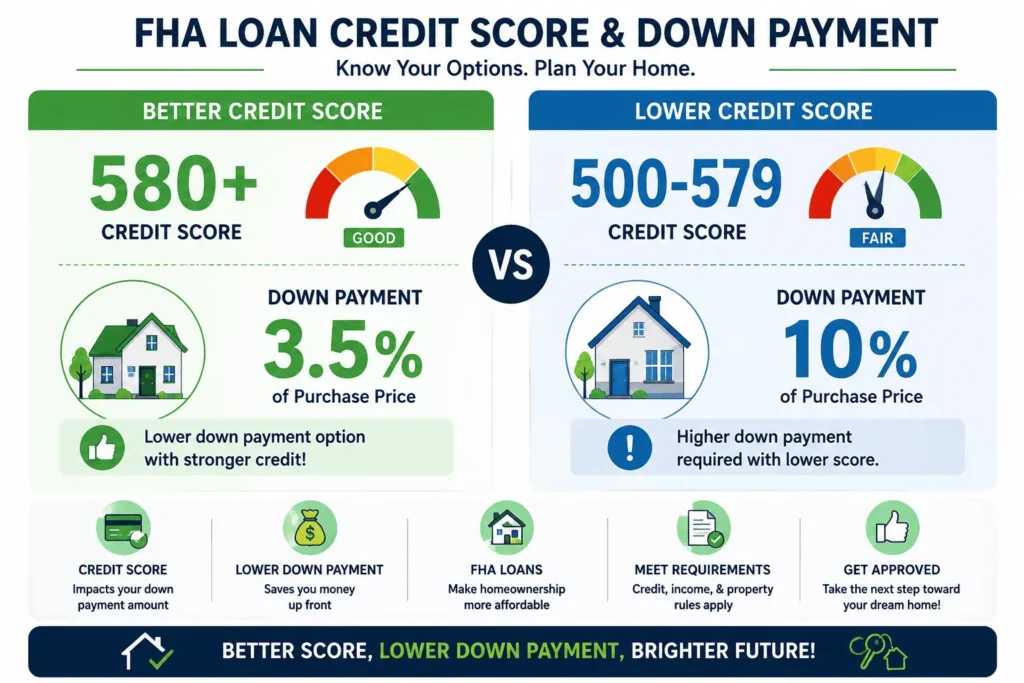 FHA loan credit score and down payment requirements infographic for mortgage approval eligibility