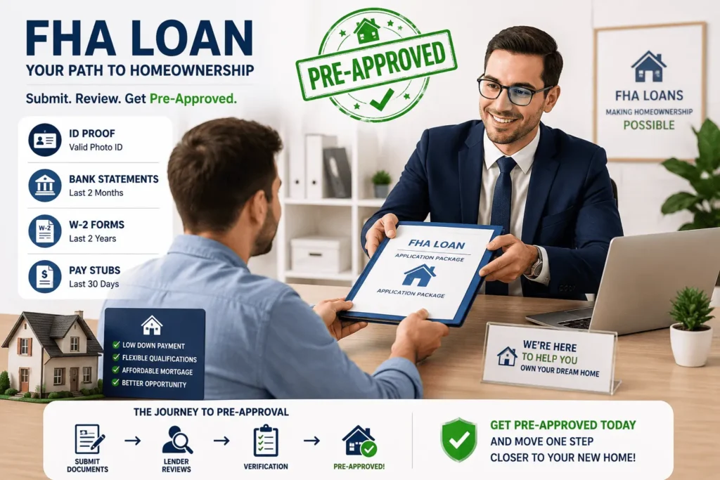 How to apply for an FHA loan with required documents, lender review, and pre-approval process for buyers