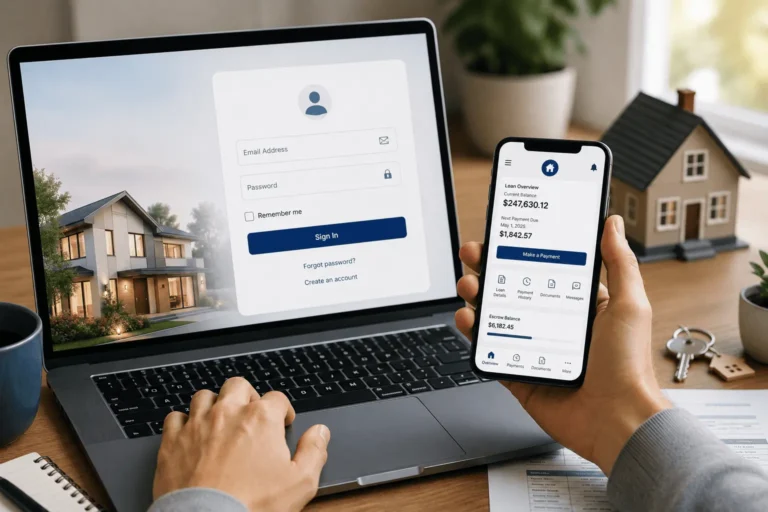 Guild Mortgage login dashboard on laptop and mobile app for mortgage account access and payment management