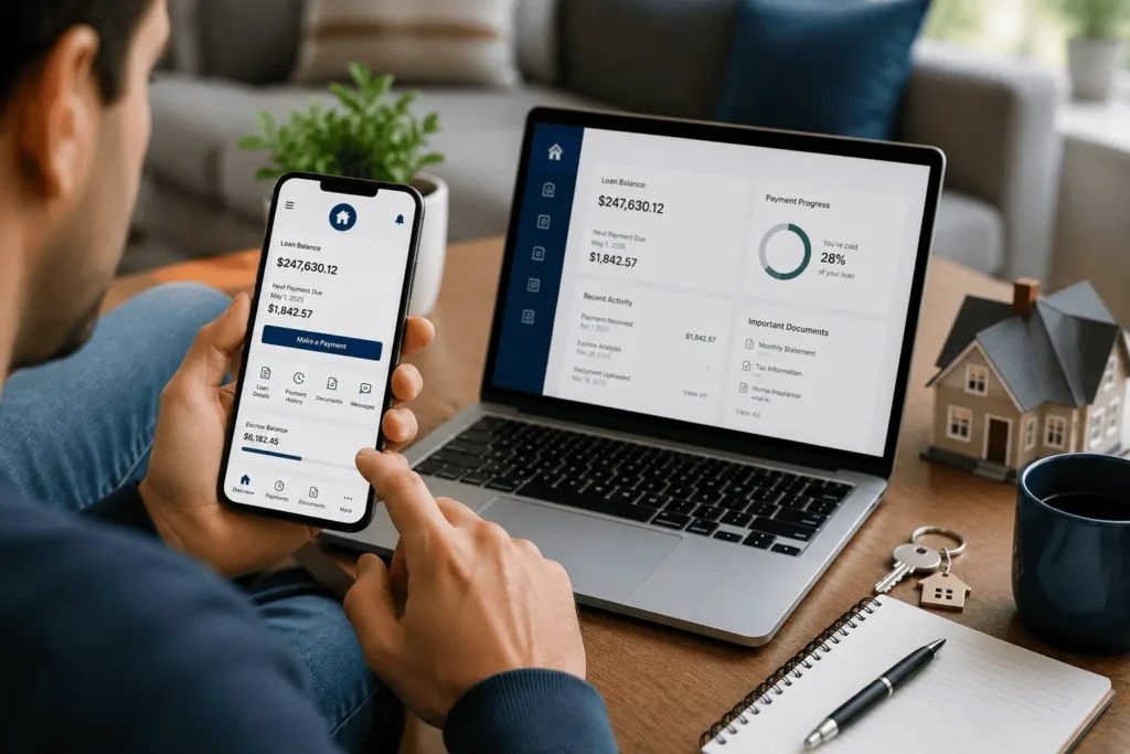 Guild Mortgage login mobile app dashboard showing mortgage account access and payment management on phone and laptop