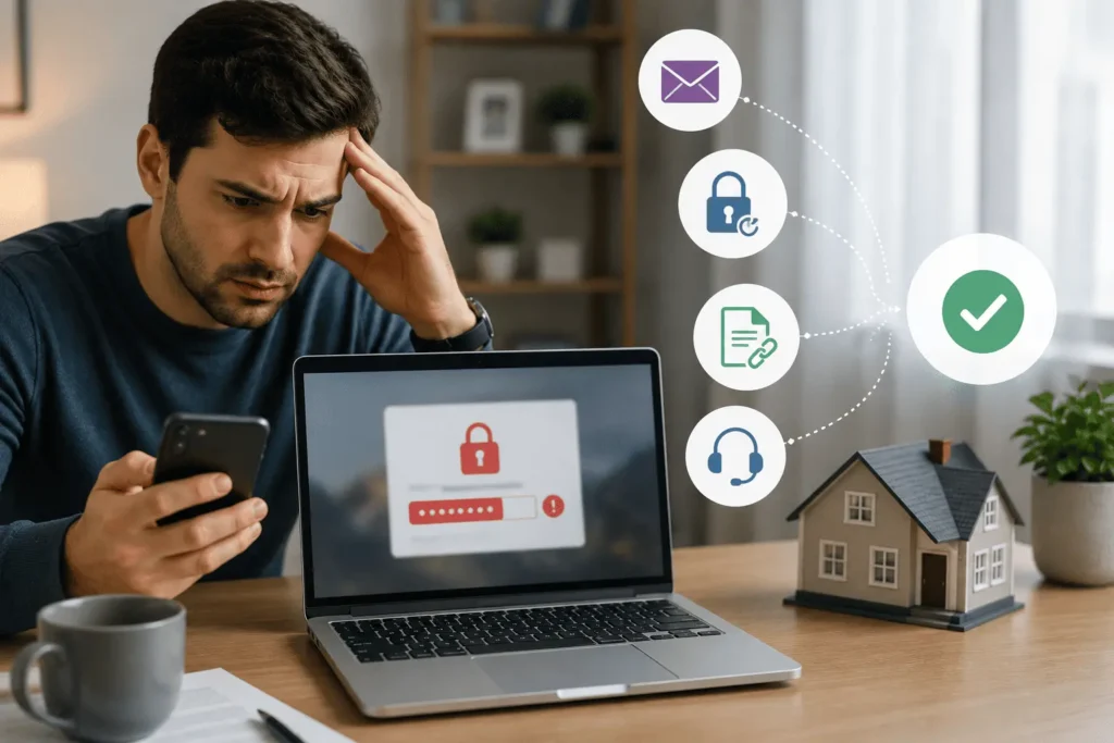 Guild Mortgage login problems and fixes showing user facing account login issue with password recovery and support options