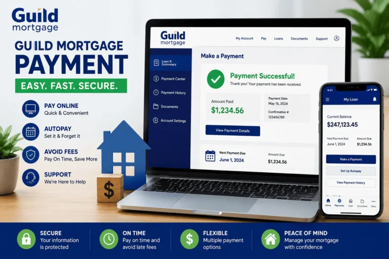 Guild Mortgage payment dashboard showing online payment, autopay setup, account login, and loan management