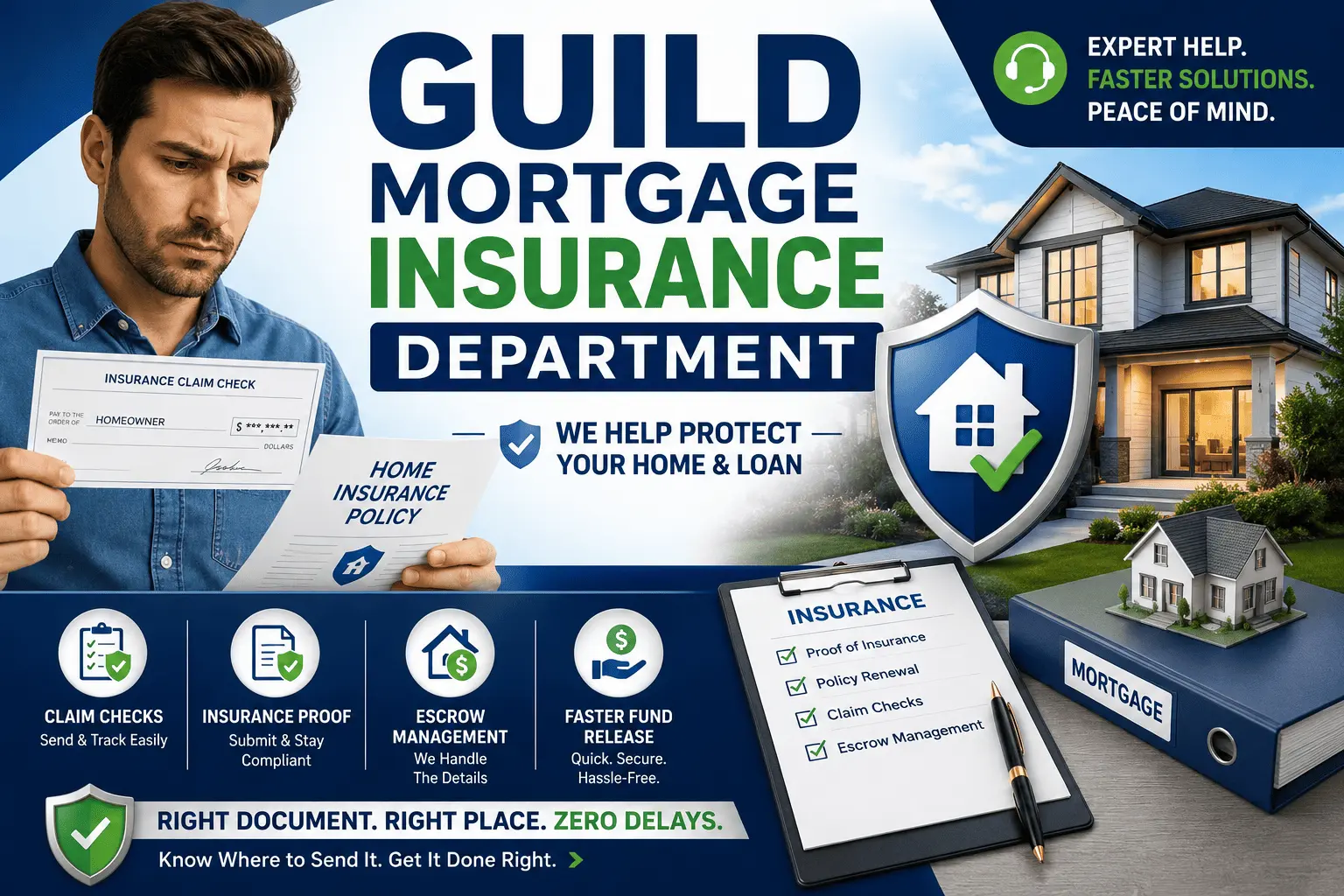 Guild Mortgage Insurance Department guide showing insurance claims, escrow, home protection, and claim check process
