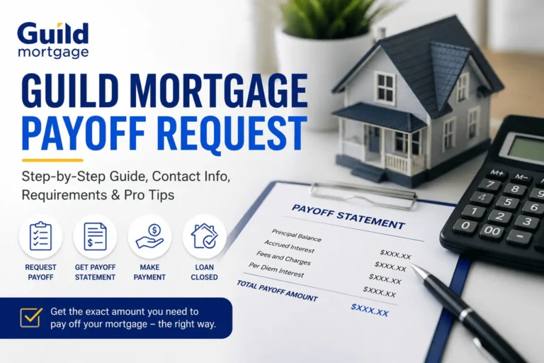 Guild Mortgage payoff request guide showing payoff statement, calculator, house model, and mortgage documents.