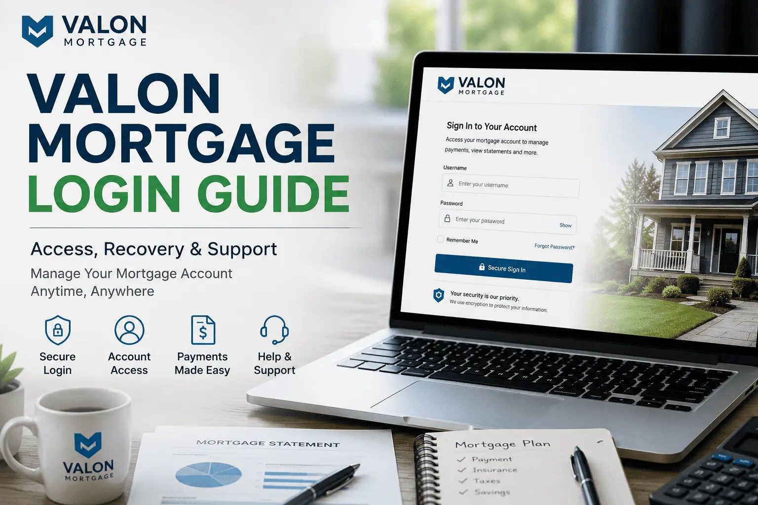 Valon Mortgage login guide showing secure account access, password recovery, mortgage payments, and online account management dashboard