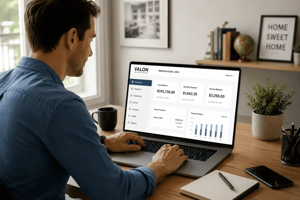 Valon Mortgage online dashboard showing loan payments, escrow account, and mortgage management tools