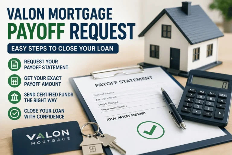 Valon mortgage payoff request guide showing payoff statement, calculator, house model, and steps to pay off a mortgage loan successfully.
