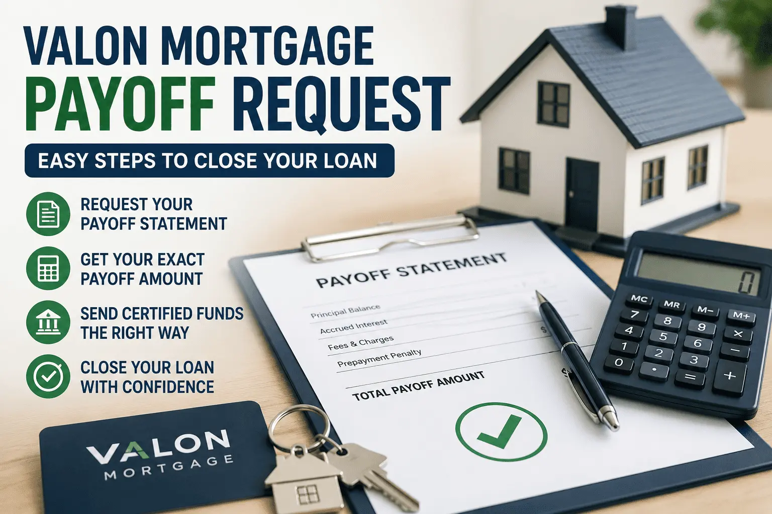 Valon mortgage payoff request guide showing payoff statement, calculator, house model, and steps to pay off a mortgage loan successfully.