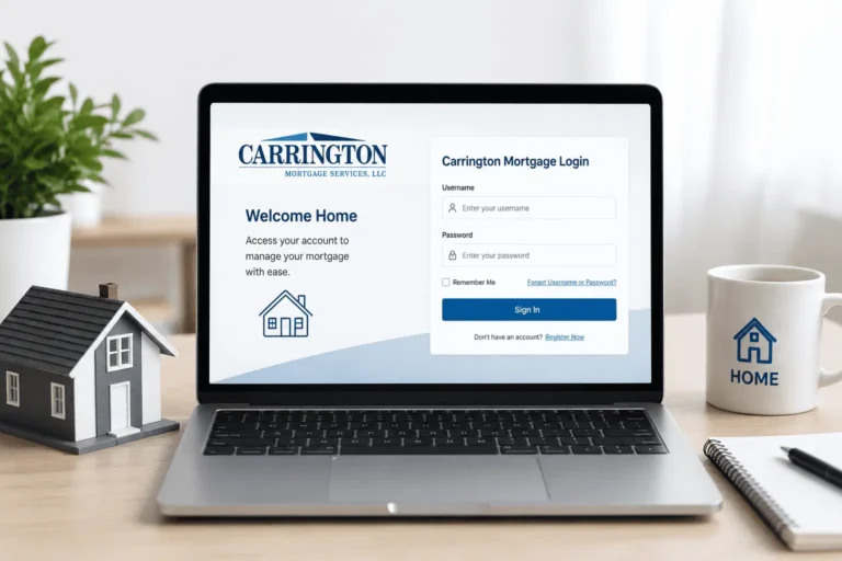 Carrington Mortgage Login dashboard on a laptop with a home model, showing secure online mortgage account access.